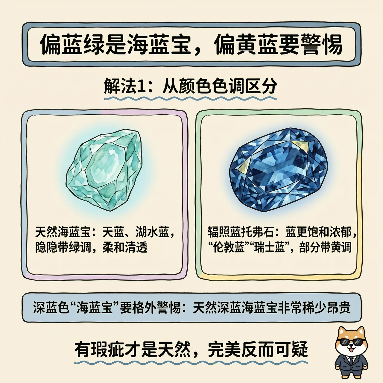偏蓝绿是海蓝宝，偏黄蓝要