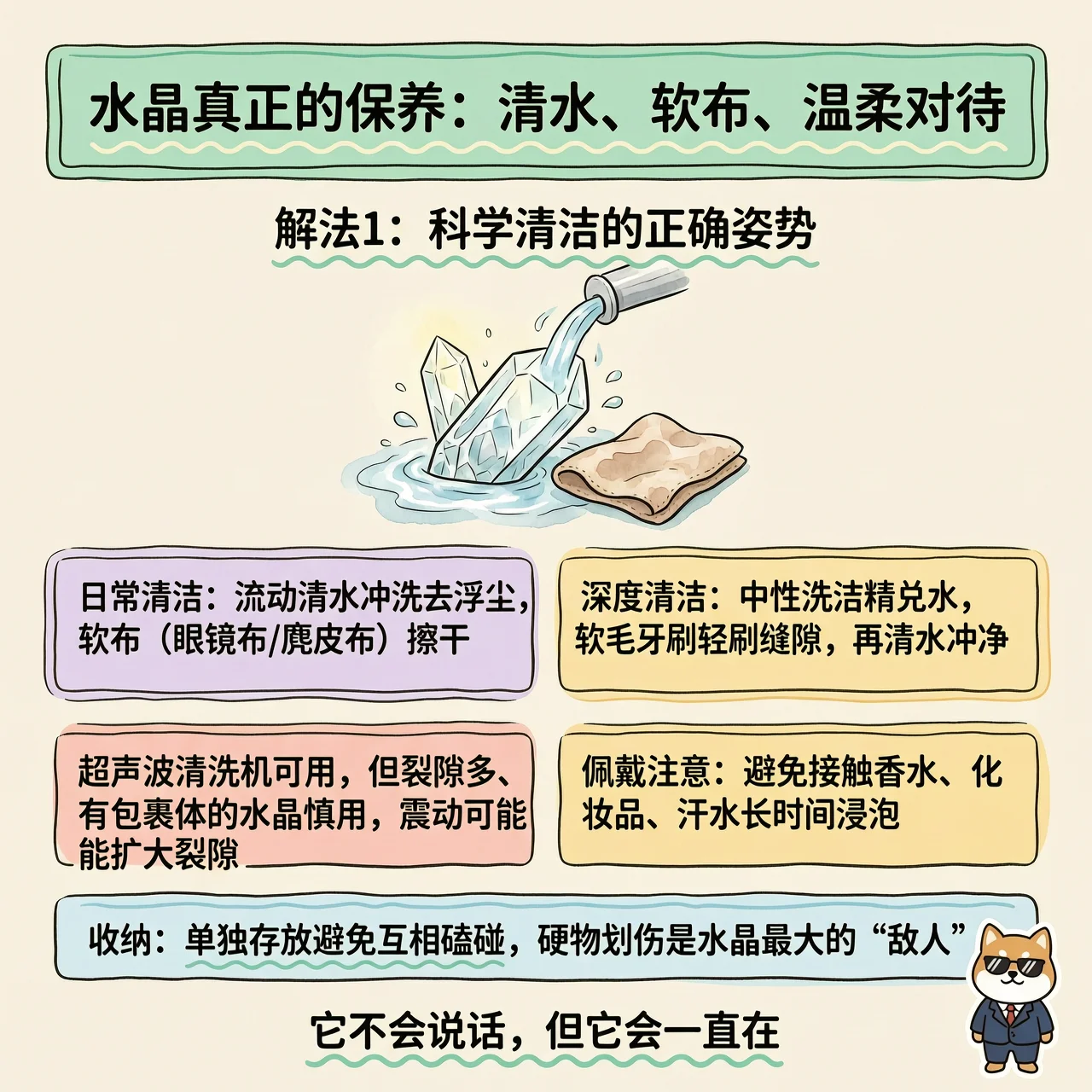 水晶真正的保养：清水、软